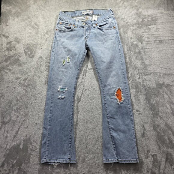Levis 527 Jeans Womens 5M Blue Slouch Flare Distressed Patchwork Y2k Denim - Picture 1 of 12